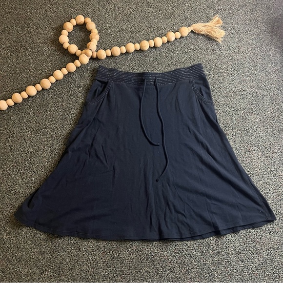 Black Stretch Modest Cotton Casual Metallic Elastic A-Line Flare Midi Skirt Sz M - Picture 2 of 16